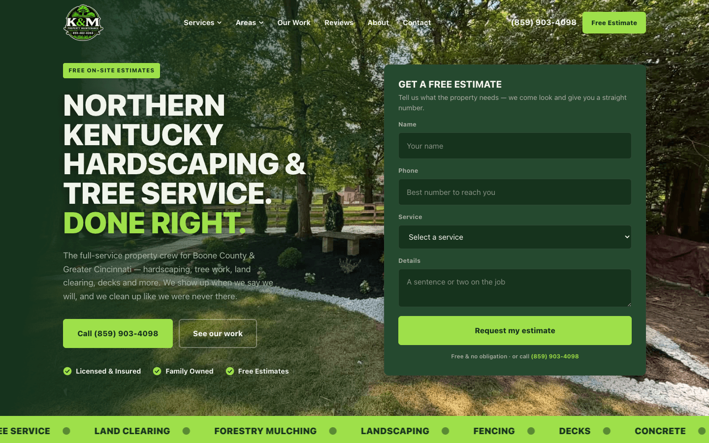 The K&M Property Maintenance website, built by Brandloc