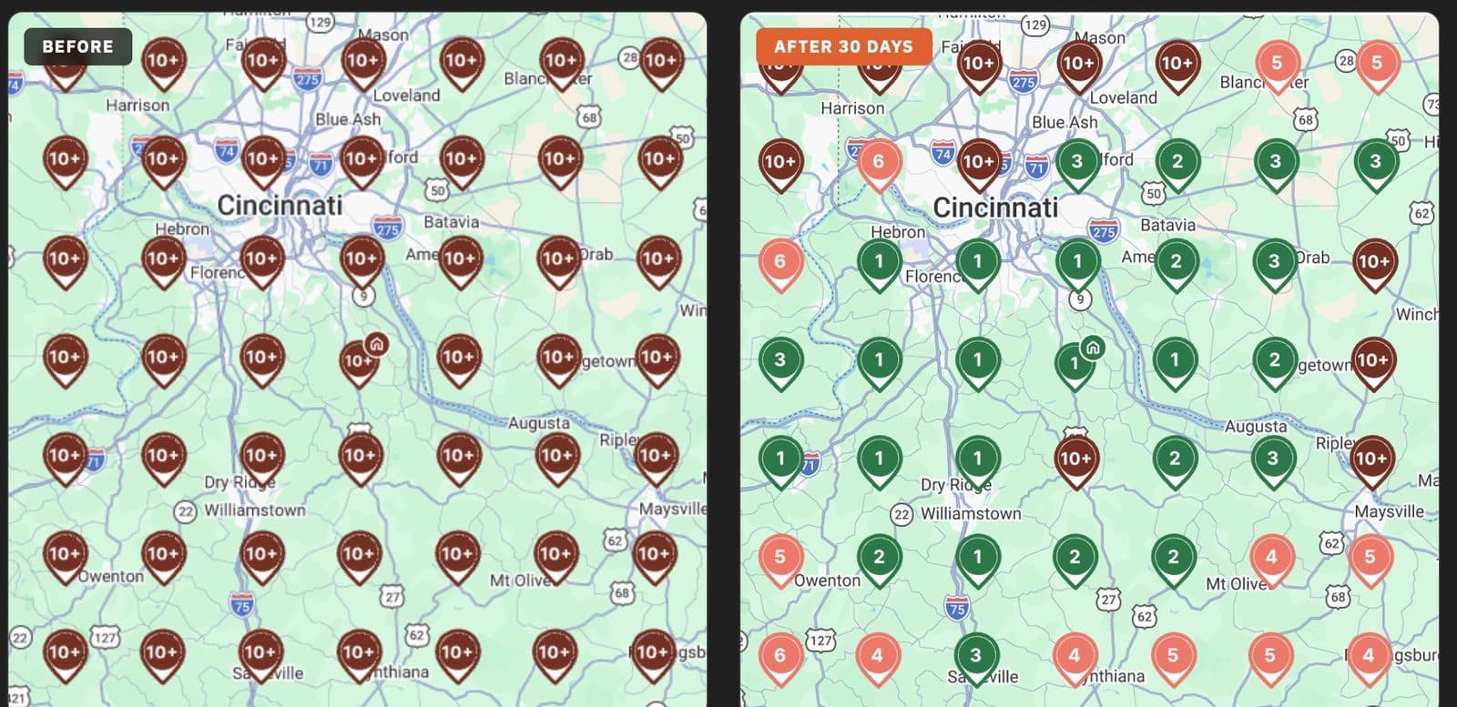 Before and after Google Maps ranking grid for EarthWorx across the Cincinnati and Northern Kentucky service area, going from 10th or worse everywhere to mostly top three in 30 days
