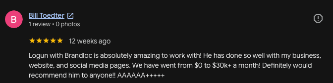 Screenshot of Bill Toedter's public Google review of Brandloc