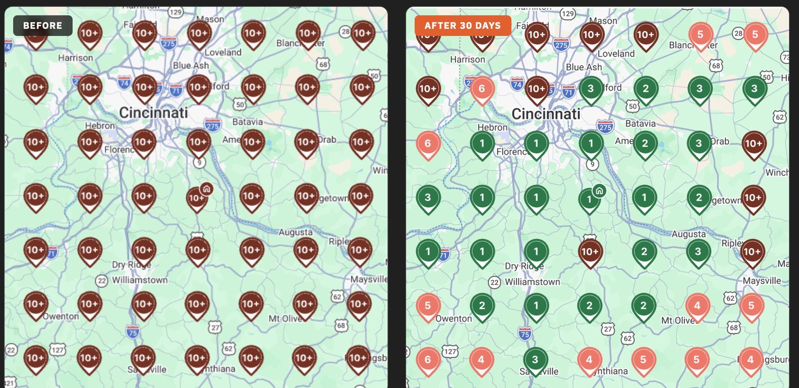 Before and after heat map showing Google Maps rankings transforming from all red to green across the service area in 30 days